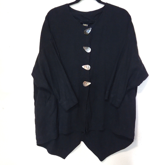 Ladri's Linen Abalone Shell Button Black Lightweight Shirt Jacket One Size - Picture 13 of 13